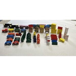 (70‎ pc) Wood Trains Cars Magnetic Play Set People Signs Pretend Transportation